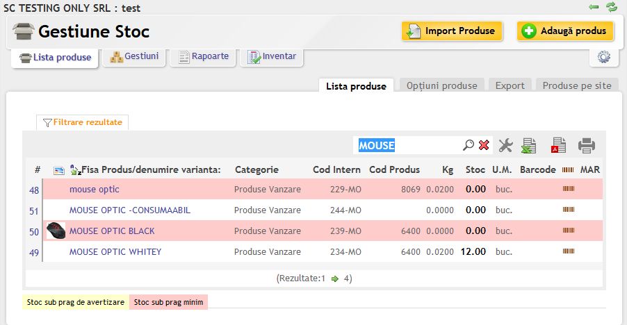 Lista produse din gestiune cu imagini la fiecare produs
