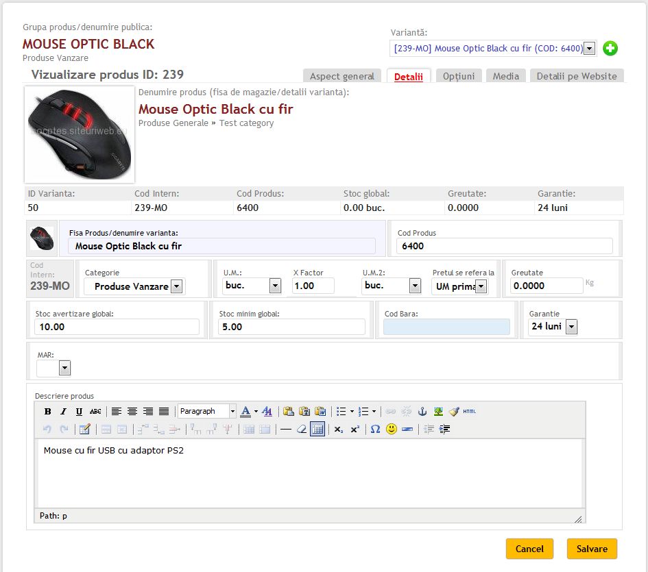 Editare detalii produs, caracteristici si descriere