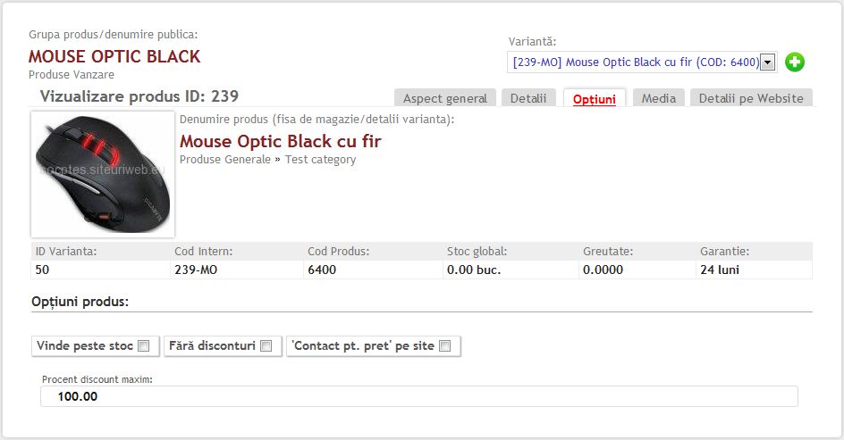 Editare optiuni produs din gestiune