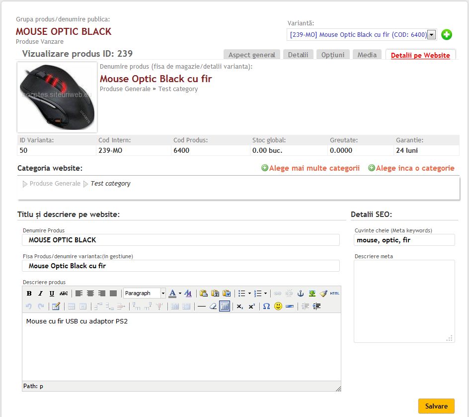 Editarea detaliilor unui produs din gestiune, ce apar pe website